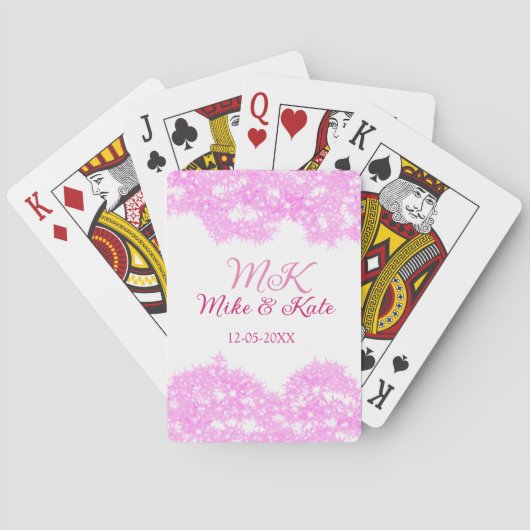 Pink fügen Sie Pärchennamen Datum monogramm Glitze Spielkarten (Rückseite)