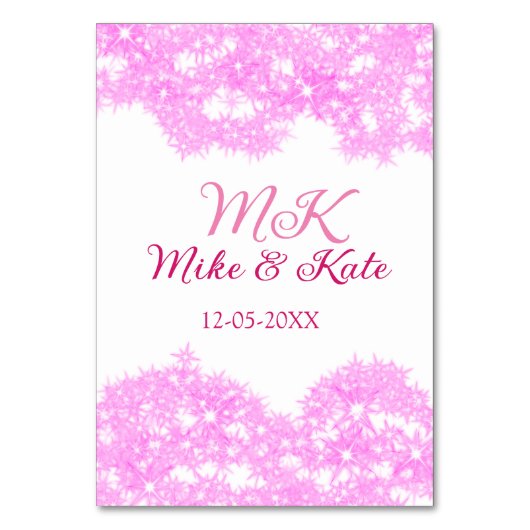 Pink fügen Sie Pärchennamen Datum monogramm Glitze Tischnummer (Vorderseite)