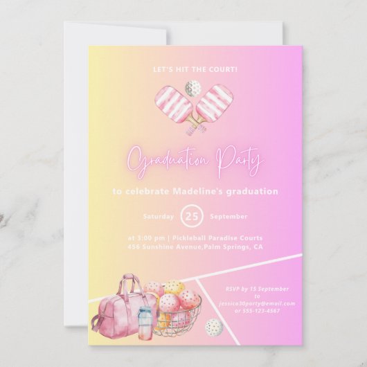 Pink Fun Pickleball Graduation Party Einladung (Vorderseite)