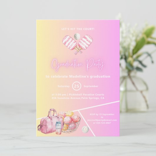 Pink Fun Pickleball Graduation Party Einladung (Stehend Vorderseite)