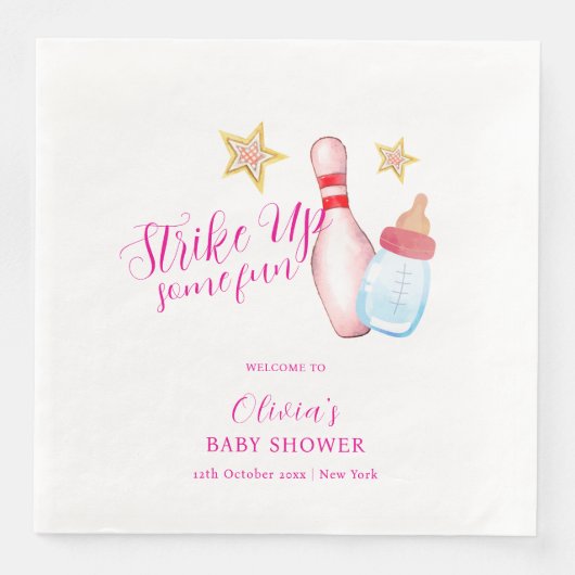 Pink Fun Strike Up Bowling Baby Shower Welcome Serviette (Vorderseite)