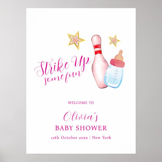Pink Fun Strike Up Bowling Baby Shower Willkommen Poster (Vorne)