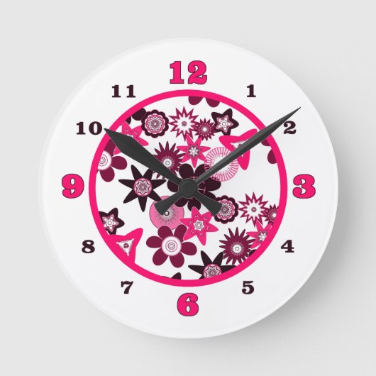 Pink Funky Flowers Runde Wanduhr (Vorderseite)
