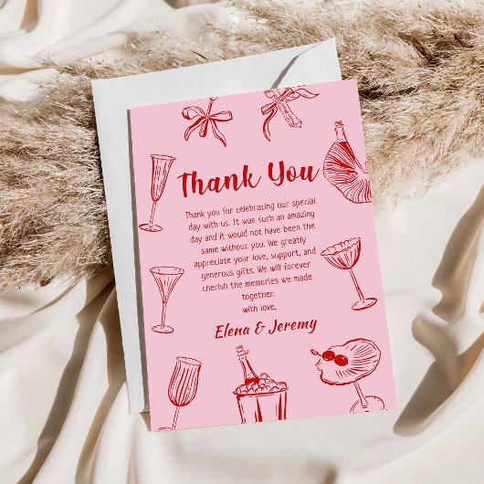 Pink Funky Hand Drawn Wedding Danke Karte