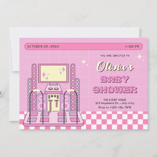 Pink Game Player Arcade Dance Maschine Babydusche Einladung (Vorderseite)