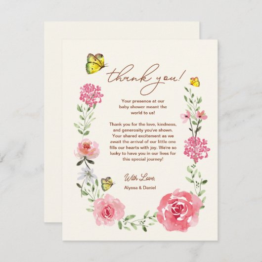 Pink Garden Baby Girl Floral Butterfly Baby Shower Dankeskarte (Vorne/Hinten)