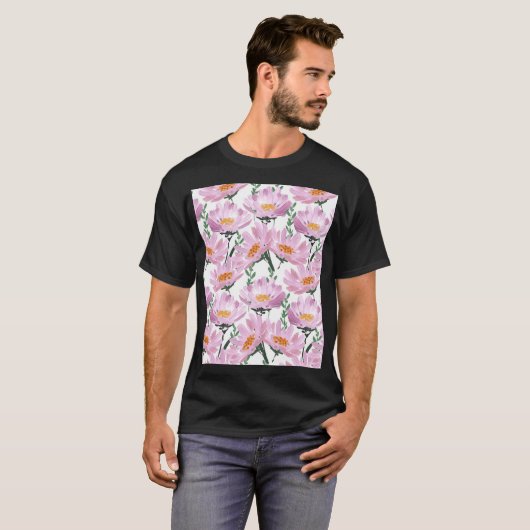 Pink Garden Blume: HandGezeichnet Nahtlos. T-Shirt (Vorne ganz)