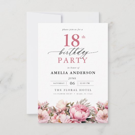 Pink Garden Blumenkalligraphie 18. Geburtstag Einladung (Vorderseite)