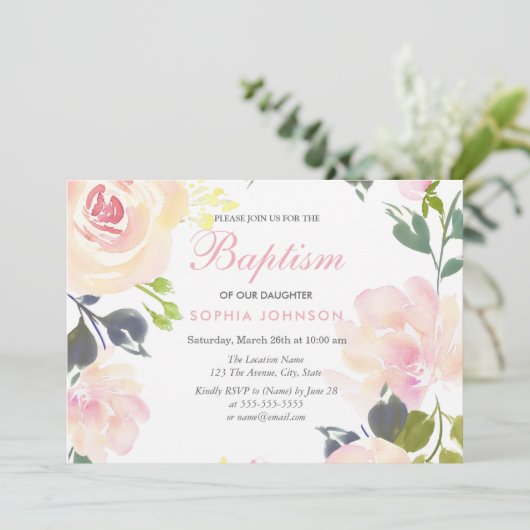 Pink Garden Floral Girls Taufe Christening Einladung (Stehend Vorderseite)