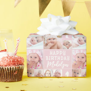 Pink Geburtstag 8 Foto-Collage Name Alter Geschenkpapier