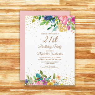 Pink Gelb Blau Floral Gold Glitter 21. Geburtstag Einladung