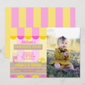 Pink-Gelb-Limonade-Stand Erster Geburtstag-Foto Einladung (Vorne/Hinten)
