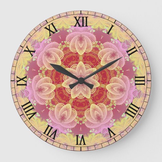 Pink & Gelb Pastell Gyro Fraktale Wall Clock Große Wanduhr (Vorderseite)