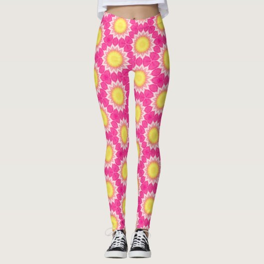 Pink & Gelb Sonnenblumenmuster - Leggings (Vorderseite)