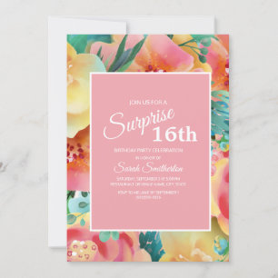 Pink Gelb Türkis Aquarell Blumen 16. Geburtstag Einladung
