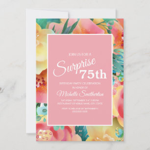Pink Gelb Türkis Aquarell Blumen 75. Geburtstag Einladung