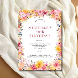 Pink Gelbe Aquarell Blumen 50. Geburtstag Frau Einladung