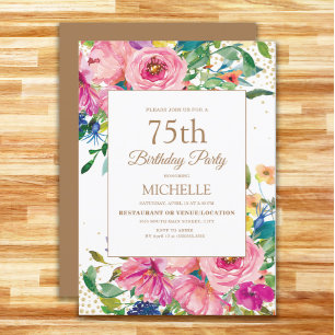 Pink Gelbe Blumen Gold Glitter 75. Geburtstag Einladung