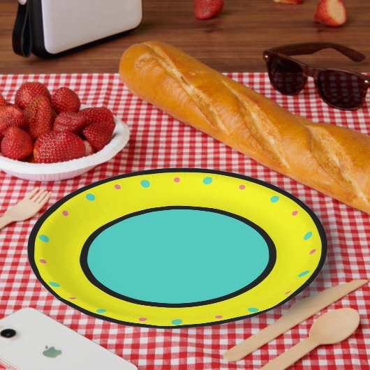 Pink-gelbe geometrische Polka-Punkte Pappteller (Picknick)