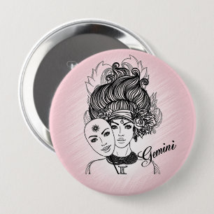 Pink Gemini Masked Lady Zodiac Personal Button