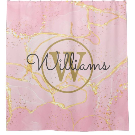 Pink Geode Agate Gold Monogram Script Name Duschvorhang (Vorderseite)