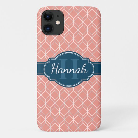 Pink Geometric Diamond Muster Blue Monogram Case-Mate iPhone Hülle (Rückseite)