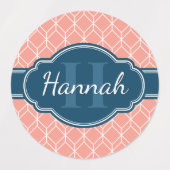 Pink Geometric Diamond Muster Blue Monogram Etiketten (Design 1)
