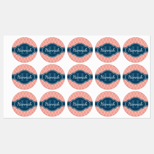 Pink Geometric Diamond Muster Blue Monogram Etiketten (Blatt)