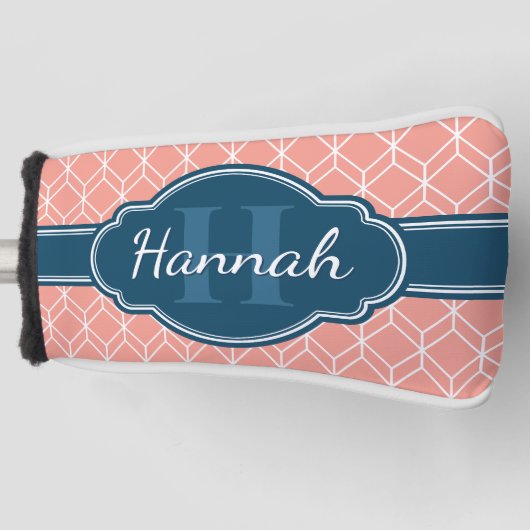 Pink Geometric Diamond Muster Blue Monogram Golf Headcover (Vorderseite)