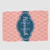 Pink Geometric Diamond Muster Blue Monogram Golfhandtuch (Horizontal)