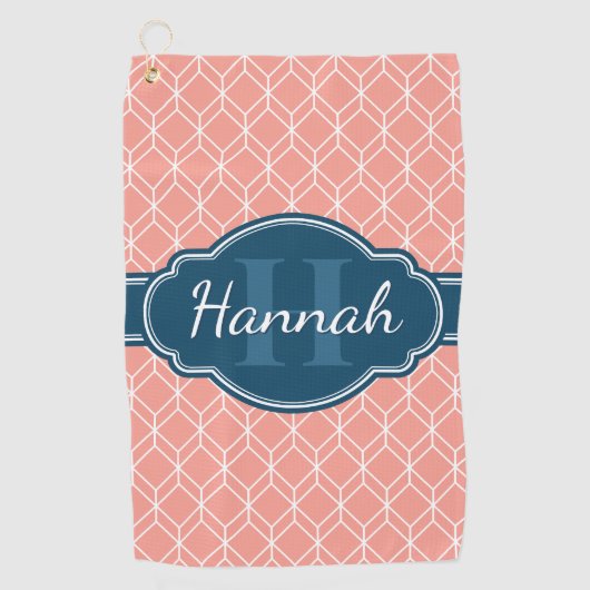 Pink Geometric Diamond Muster Blue Monogram Golfhandtuch (Vorderseite)
