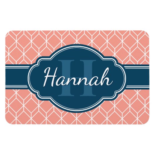 Pink Geometric Diamond Muster Blue Monogram Magnet (Horizontal)