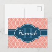 Pink Geometric Diamond Muster Blue Monogram Postkarte (Vorne/Hinten)