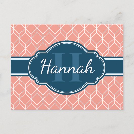 Pink Geometric Diamond Muster Blue Monogram Postkarte (Vorderseite)