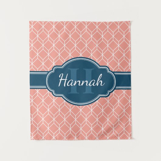 Pink Geometric Diamond Muster Blue Monogram Wandteppich (Vorderseite)