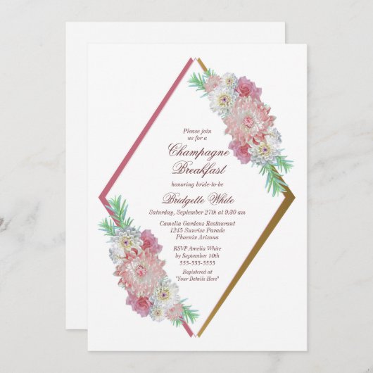 Pink Geometric Floral Champagne Frühstück Einladung (Vorne/Hinten)