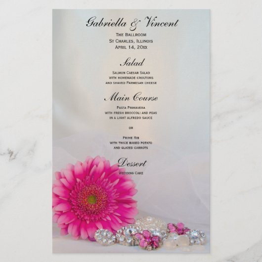 Pink Gerber Daisy and Diamond Buttons Wedding Menu (Vorderseite)