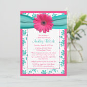 Pink Gerber Daisy Aqua Bridal Dusche Einladung (Stehend Vorderseite)