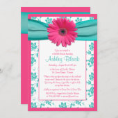 Pink Gerber Daisy Aqua Bridal Dusche Einladung (Vorne/Hinten)