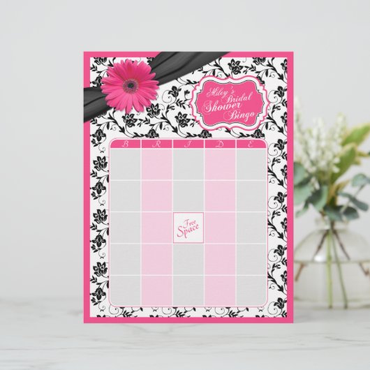 Pink Gerber Daisy Black Floral Brautparty Bingo (Stehend Vorderseite)