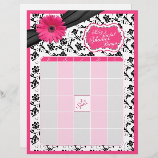 Pink Gerber Daisy Black Floral Brautparty Bingo (Vorne/Hinten)