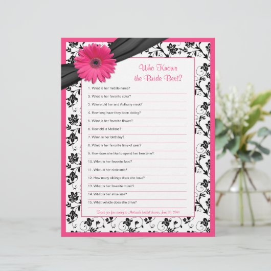Pink Gerber Daisy Black Floral Brautparty Game (Stehend Vorderseite)