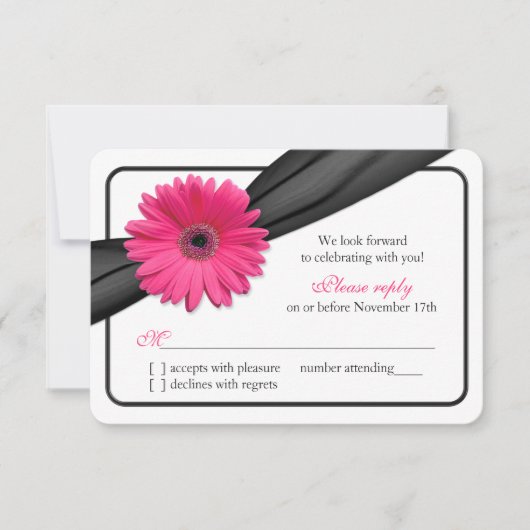 Pink Gerber Daisy Black Ribbon Wedding RSVP Karte (Vorderseite)