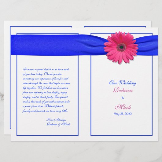 Pink Gerber Daisy Blue Ribbon Wedding Program (Vorne/Hinten)