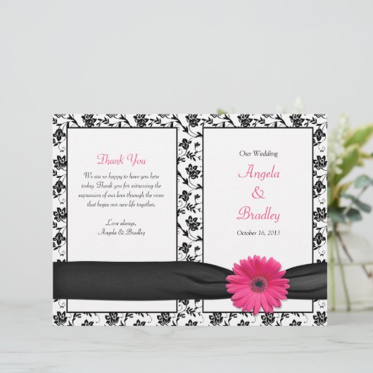 Pink Gerber Daisy Damask Floral Wedding Program (Stehend Vorderseite)