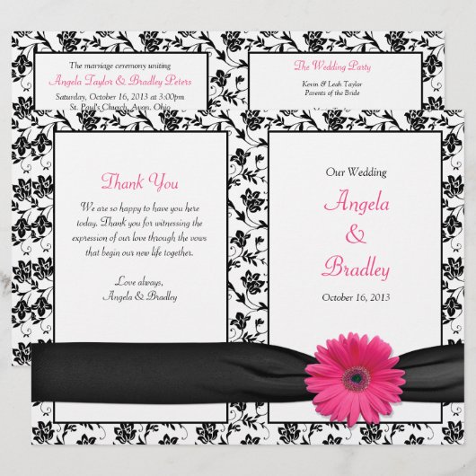 Pink Gerber Daisy Damask Floral Wedding Program (Vorne/Hinten)