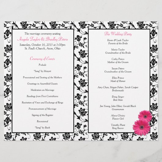 Pink Gerber Daisy Damask Floral Wedding Program (Rückseite)