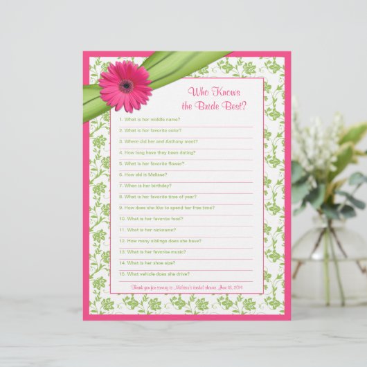 Pink Gerber Daisy Green Floral Brautparty Game (Stehend Vorderseite)
