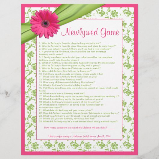 Pink Gerber Daisy Green Floral Brautparty Game (Vorderseite)