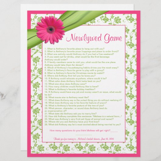 Pink Gerber Daisy Green Floral Brautparty Game (Vorne/Hinten)